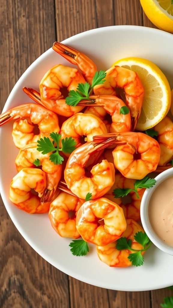 Crispy Air Fryer Shrimp Recipe Crispy air fryer shrimp on a white plate with lemon wedges and parsley.